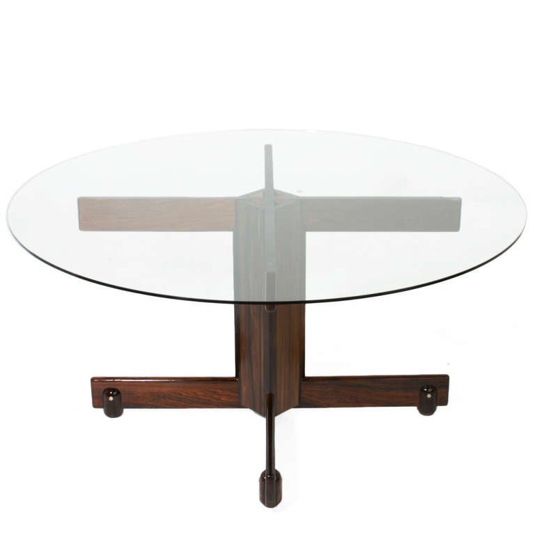 Solid Rosewood and Round Glass Dining Table by Sergio Rodrigues In Good Condition In Hollywood, CA