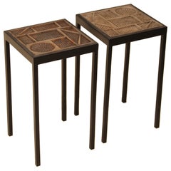 Pair of glazed geometric ceramic tile tables by Marcel Hoessly
