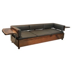 Custom Thomas Hayes Studio live edge solid Walnut and gray leather sofa