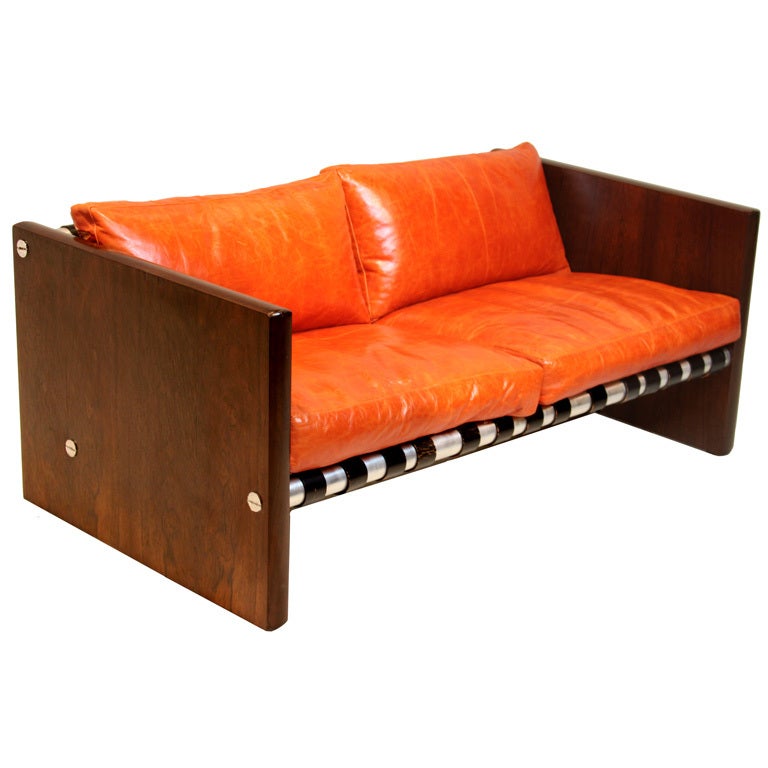 Mid-Century Modern Brazilian Hardwood Leather Sling Sofa For Sale