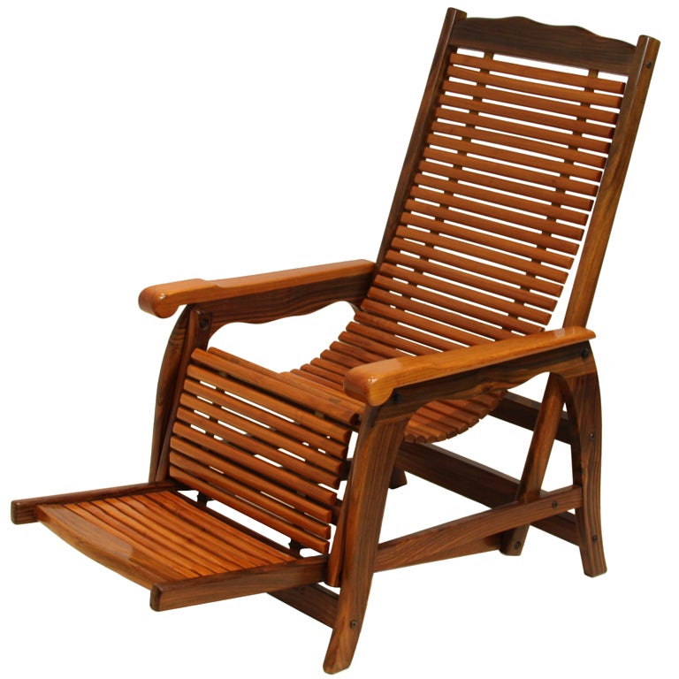 Organic Modern Brazilian Reclining Slatted Lounge Chair with Sculptural Arms For Sale