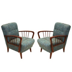 Danish Modern  Birch Spindle Armchairs with Tufted Teal Tweed Back