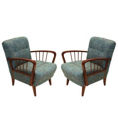 Vintage Danish Modern  Birch Spindle Armchairs with Tufted Teal Tweed Back