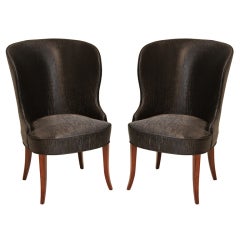 Pair of black sharkskin vinyl tall barrel chairs