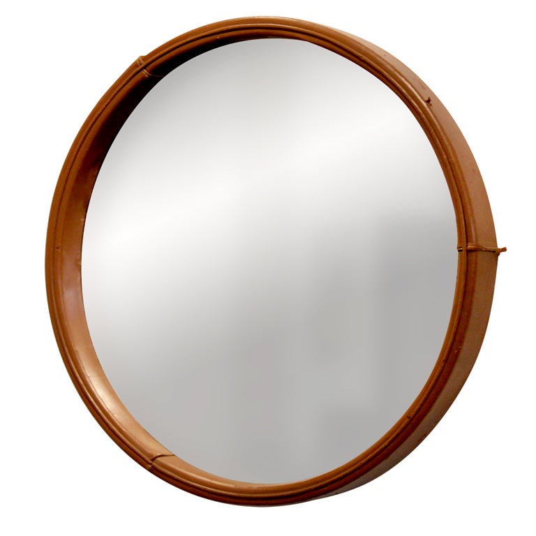 Leather framed round mirror by Jorge Zalszupin for L'atelier