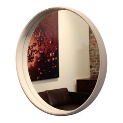 Custom 36" white leather wrapped circular mirror by Thomas Hayes Studio