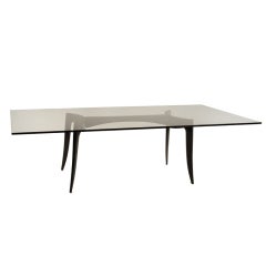 Sculptural Tapered Leg Wood and Chrome Dining Table with Thick Glass Top
