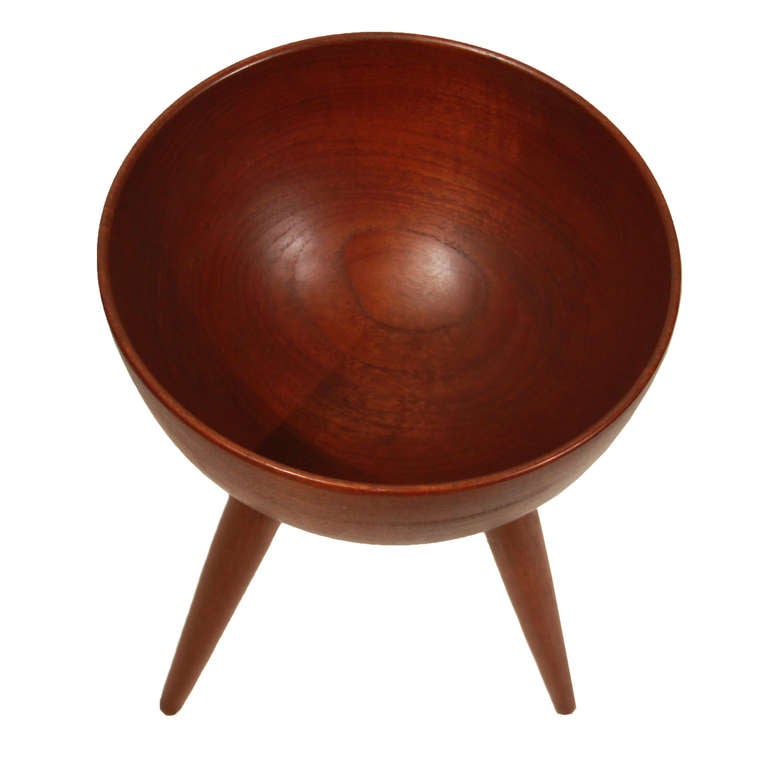 Rare 3' turned Teak Danish fruit bowl on three sculptural legs In Good Condition In Hollywood, CA