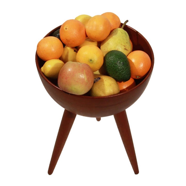Rare 3' turned Teak Danish fruit bowl on three sculptural legs 2