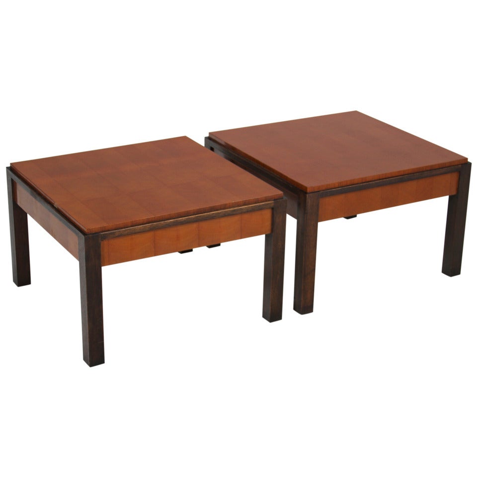 Pair of Oak Parquetry and Mahogany Side Tables by Metropolitan Furniture Company