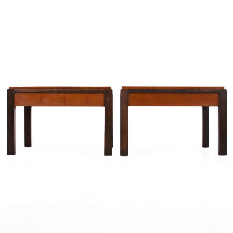 American Pair of Oak Parquetry and Mahogany Side Tables by Metropolitan Furniture Company