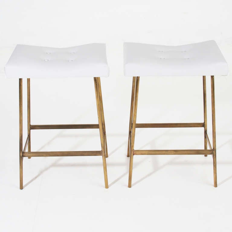 Brass and Leather Bunda Bar Stools by Thomas Hayes Studio
