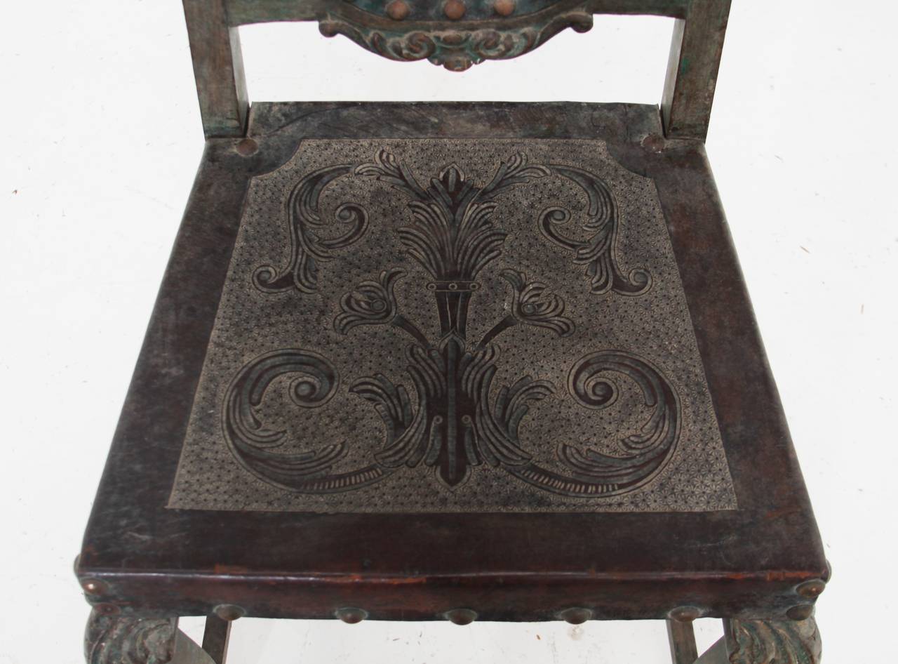 Rustic Vintage Gothic Revival Leather Embossed Side Chair by Dom Pedro For Sale 1