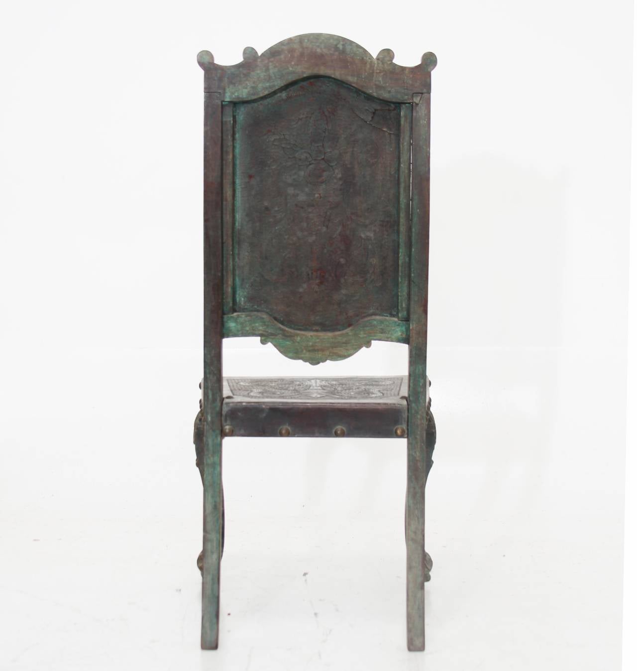 Patinated Rustic Vintage Gothic Revival Leather Embossed Side Chair by Dom Pedro For Sale