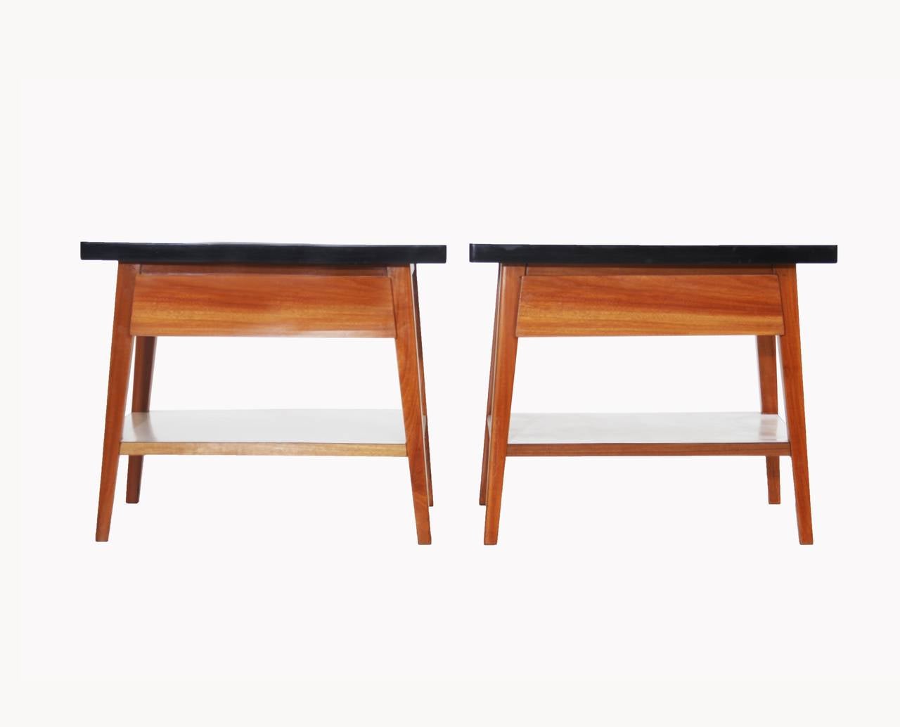 Pair of Vintage Brazilian Wood and White Formica Side Tables or Night Stands