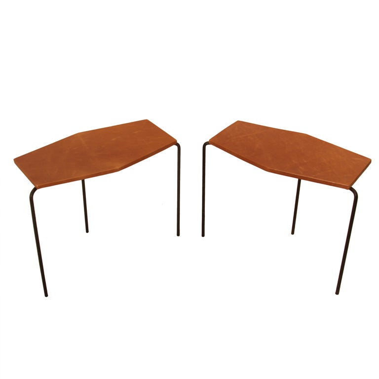 Vintage Industrial Brasileira Leather and Wrought Iron Side Tables