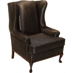 Traditional Wingback Chair with Faux Sleek Black Sharkskin Fabric & Walnut Base 8