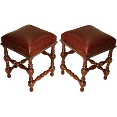 Pair of Highly Detailed Hand Turned Dom Pedro Stools with Leather Seat 1