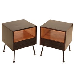 Pair of oak & iron nightstands by Raymond Loewly for Mengel Co.