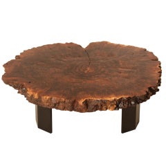 Custom Walnut Burl coffee table with angular metal base by Thomas Hayes Studio