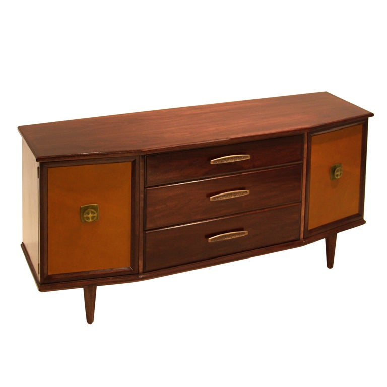 Angular Walnut Buffet with Bronze Details and Leather Doors For Sale