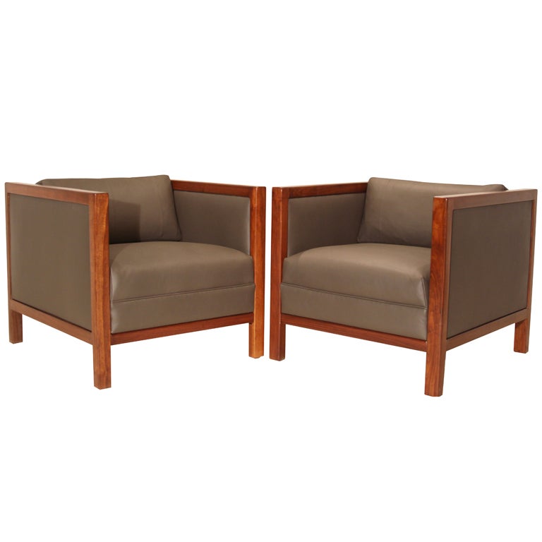Milo Baughman Walnut and Gray Leather Club Armchairs  For Sale