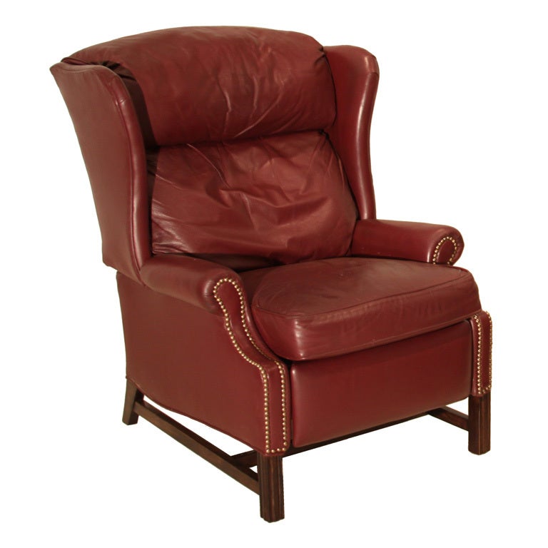 Traditional Sculptural Wingback Leather, Mahogany and Brass Recliner For Sale