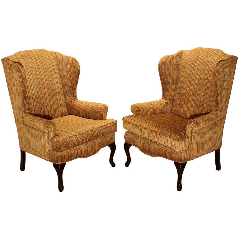 Pair of Striped Silk Combed Velvet Regency Wingback Chairs For Sale