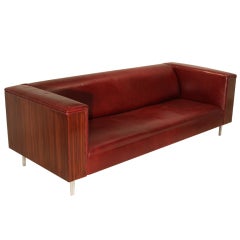 Custom Thomas Hayes Studio Zebrawood and oxblood leather sofa with chrome legs