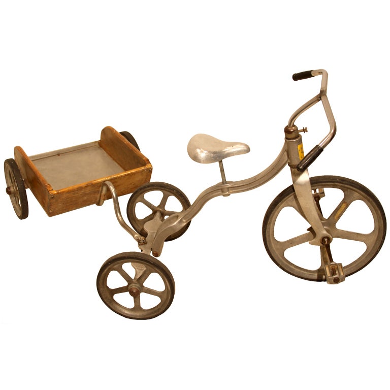 Vintage Aluminium Tricycle with Wood Cart For Sale