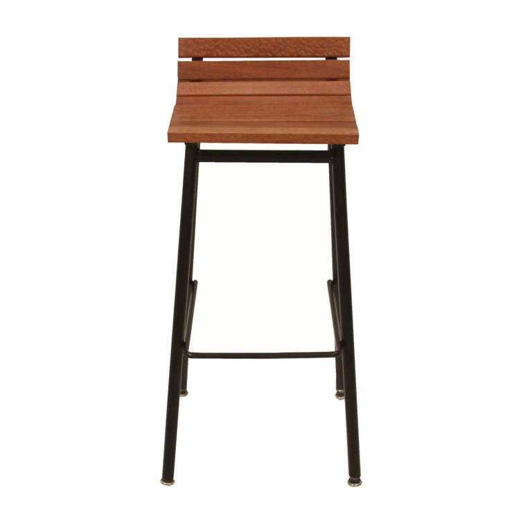 The slat bar stool made with natural oiled Lacewood on flat black finished steel frames by Thomas Hayes Studio. Comfortable and sturdy. This listing is for a single stool.

Seat measures 14