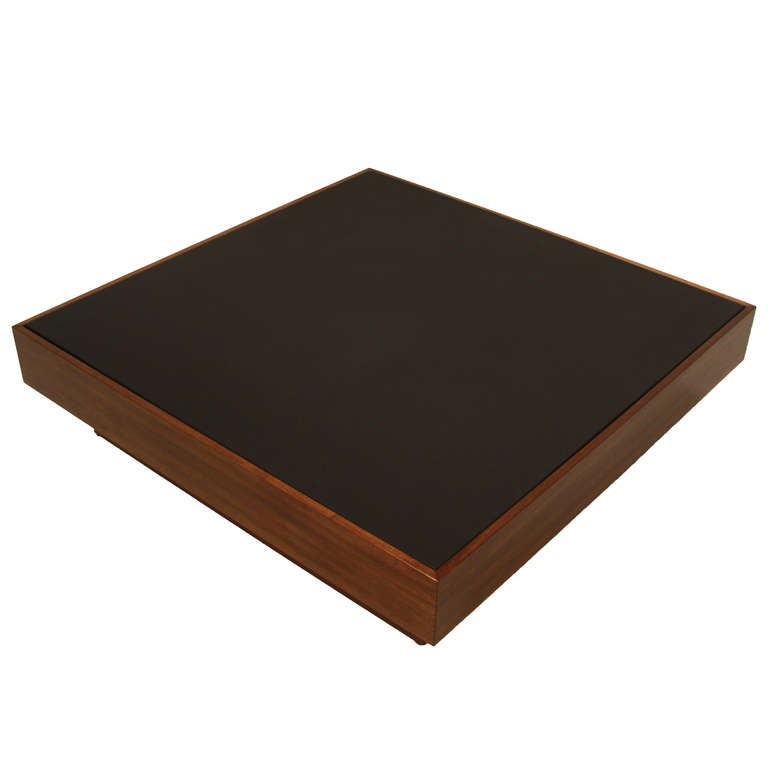 Custom walnut low square coffee table by Thomas Hayes Studio with an inset black leather top. Available for custom order in a variety of wood, finishes, and leathers. 

This item is available for custom order and the lead time is 8-12 weeks;