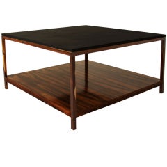 Custom leather wrapped Rosewood coffee table by Thomas Hayes Studio