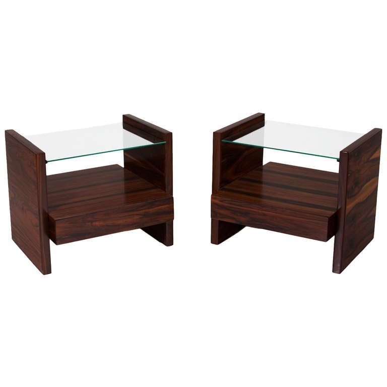 Pair of Rosewood and Glass Side Tables or Nightstands by Celina Moveis