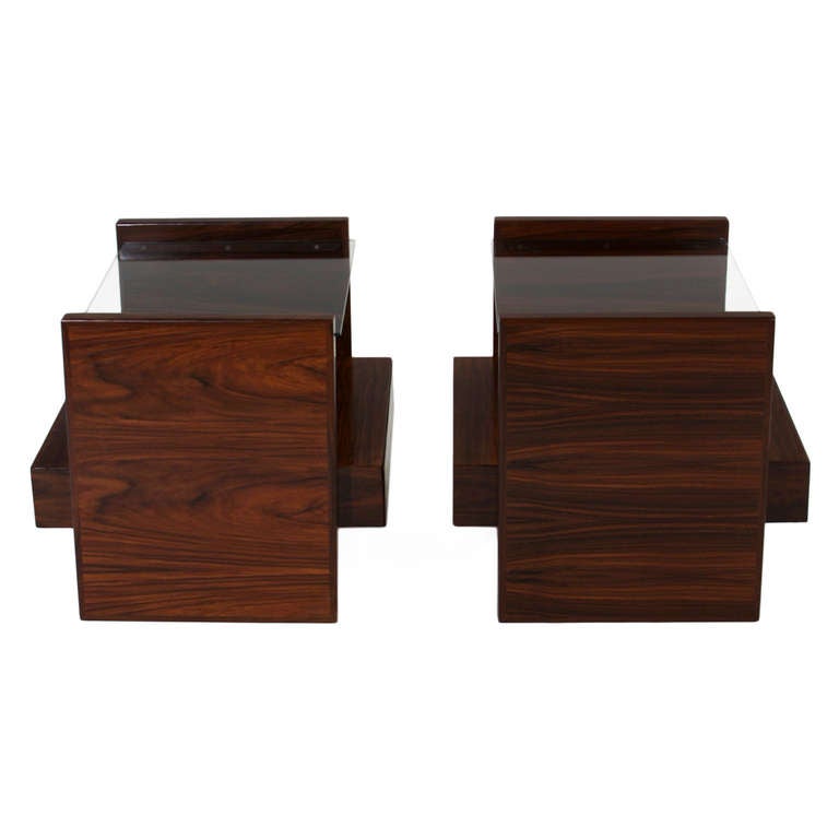 Brazilian Pair of Rosewood and Glass Side Tables or Nightstands by Celina Moveis