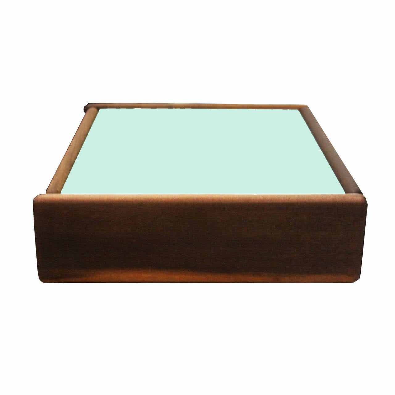 A floating shelf in Brazilian hardwood with single drawer and inset reverse painted white glass designed that appears almost light green through the glass, designed by Celina Moveis. The wood has been refinished with a clear oil finish that brings