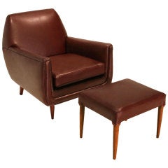 Brazilian Modernist Leather Lounge Chair and Ottoman with Conical Caviuna Legs