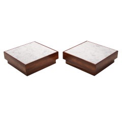 Pair low square Brazilian Rosewood & Carrera marble side tables by Celina