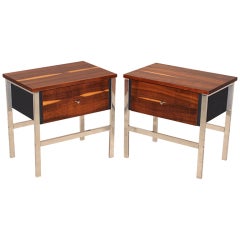 Chrome, Imbuia and Black Leather Nightstands or Side Tables