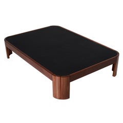 Rounded Rectangular Wood Coffee Table with Black Leather Top