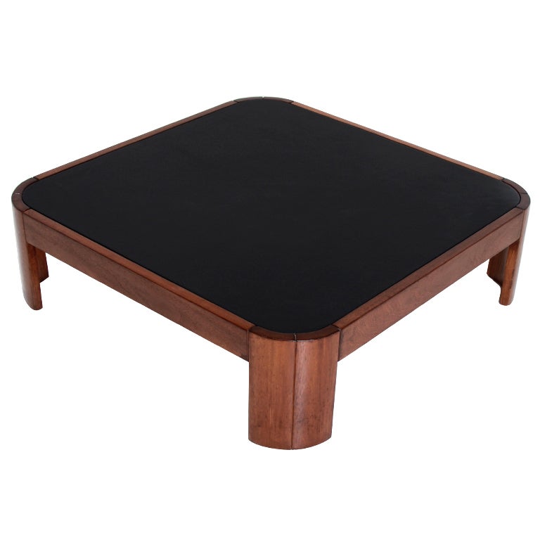 Rounded Square Wood Coffee Table with Black Leather Top For Sale