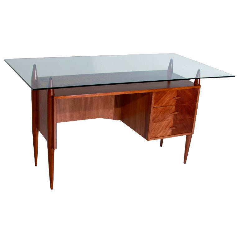 Mid-Century Sculptural Caviuna Desk With Floating Glass, by Giuseppi Scapinelli  For Sale