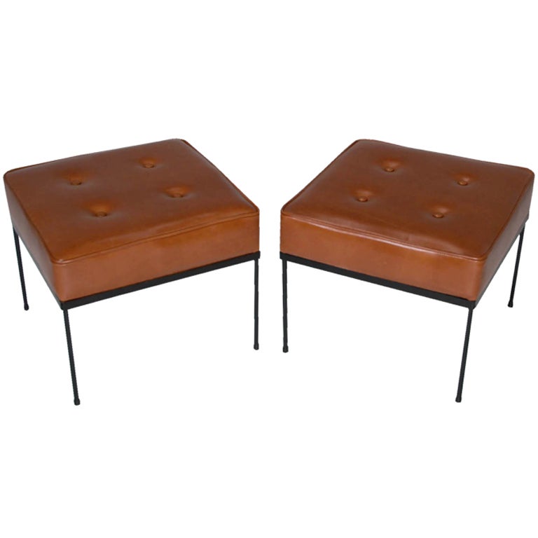 Pair of Paul MCCobb caramel leather ottomans or square stools