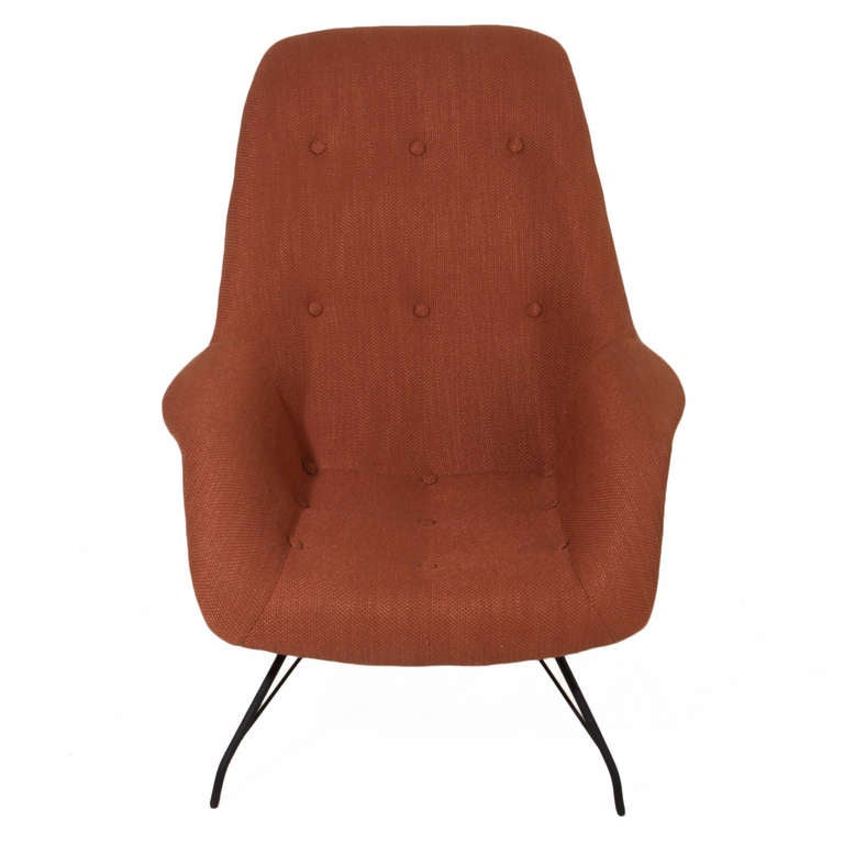 A single arm chair by Brazil's Martin Eisler in newly upholstered orange fabric and original black iron base. 

Seat depth=15

Many pieces are stored in our warehouse, so please click on CONTACT DEALER under our logo below to find out if the