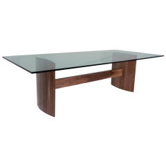 Thomas Hayes Studio stacked laminate Walnut dining table with large glass top