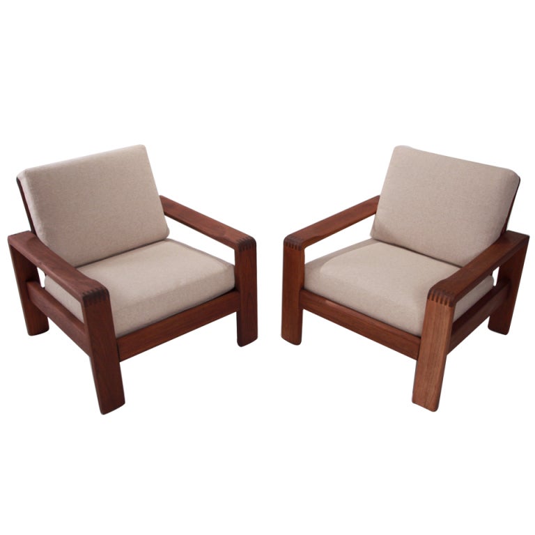 Solid Teak Danish Linen Armchairs Attributed to HW Klein