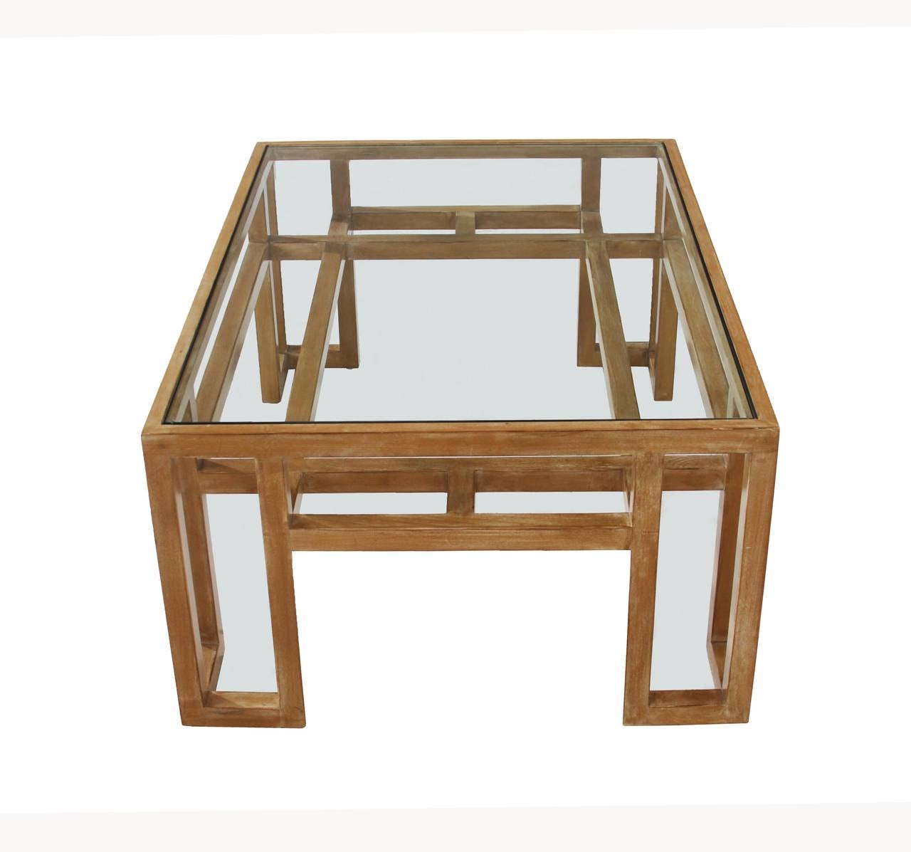 American Vintage Wood Coffee Table with Glass Top For Sale
