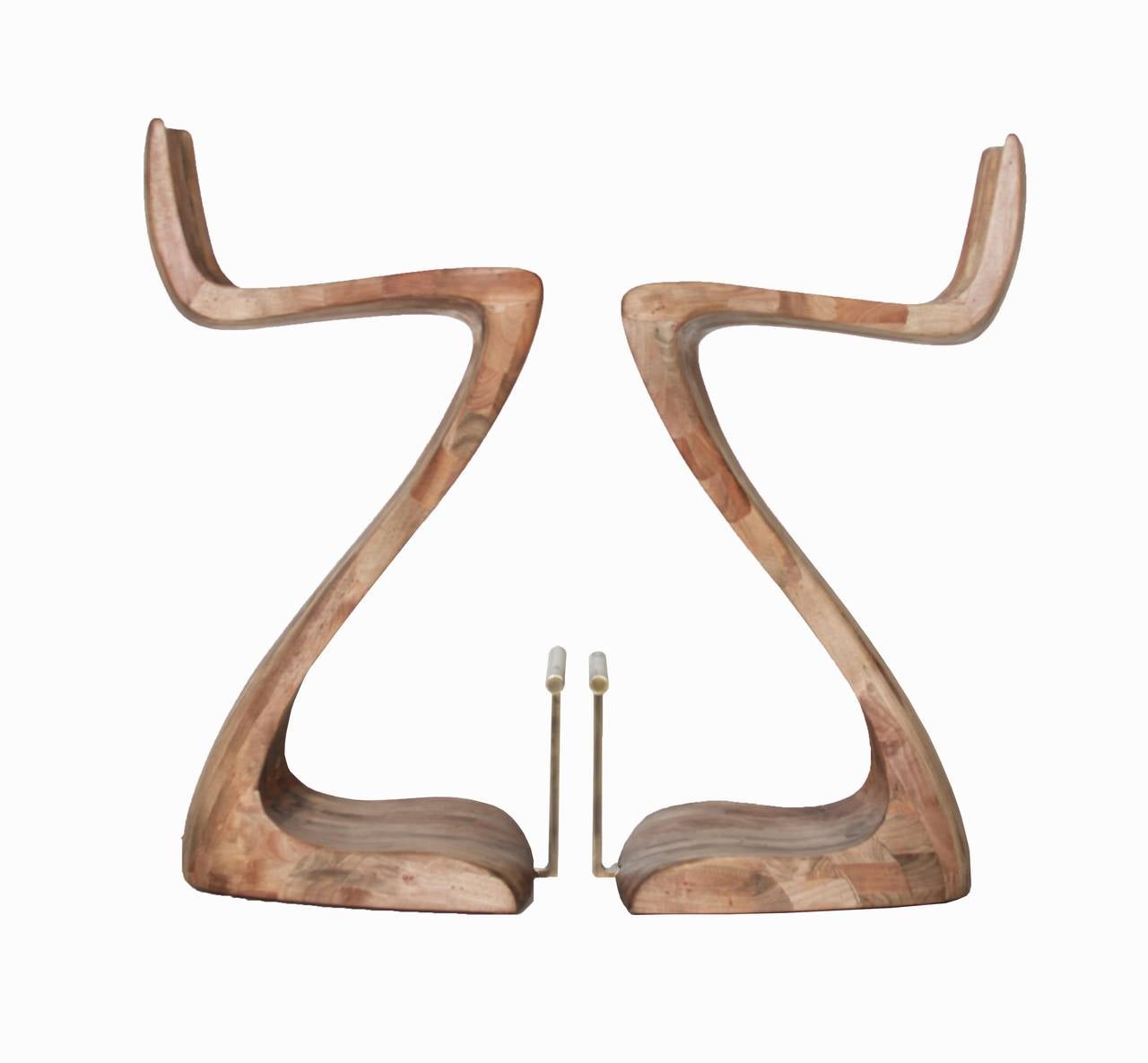 Pair of Sculptural Wood Bar Stools with Solid Brass Foot Rests at 1stDibs