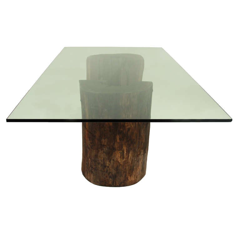 Brazilian Ipe trunk pedestal dining table with glass top by Tunico T.