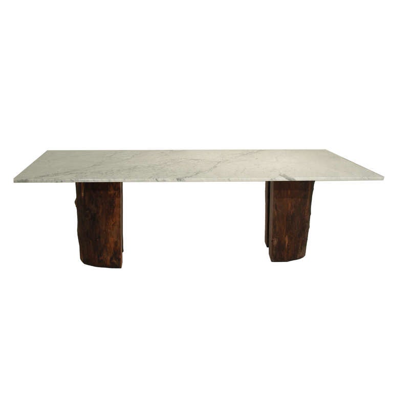Brazilian Ipe trunk pedestal dining table with marble top by Tunico T.